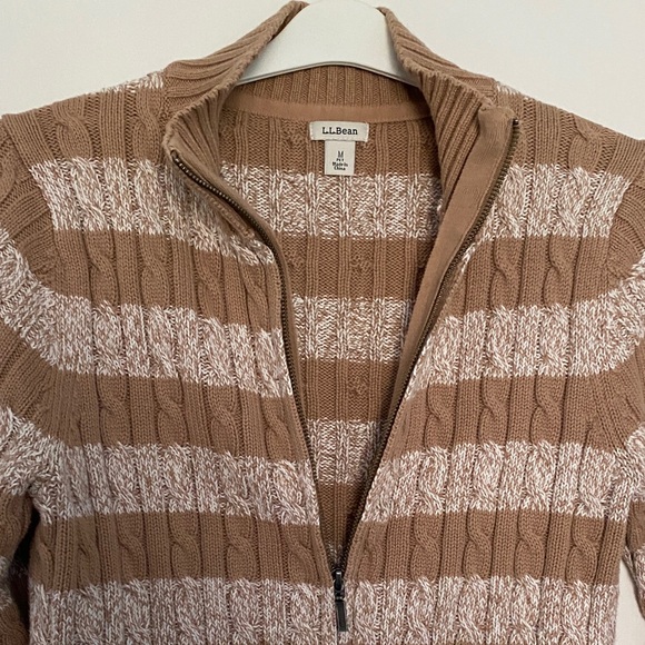 L.L. Bean Beige and White Striped Zip-Front Cable Knit Sweater - Picture 6 of 11